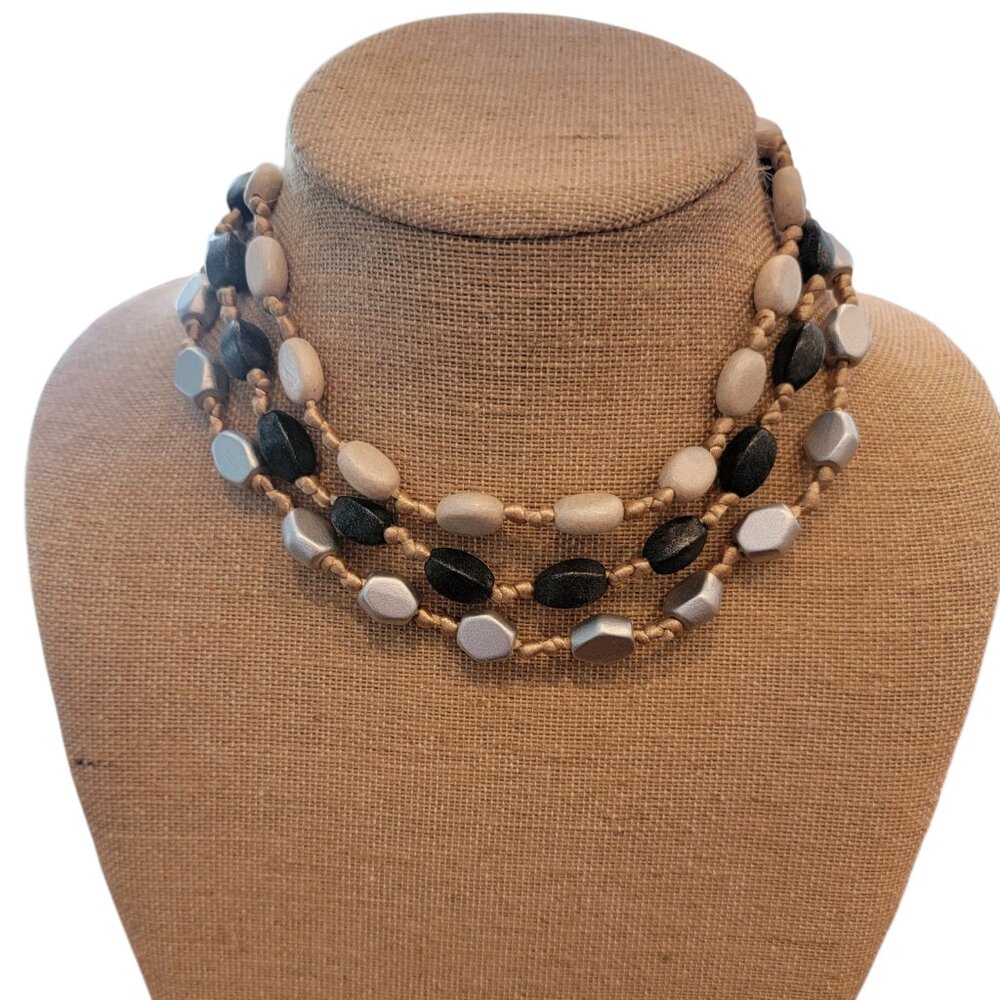 Triple Strand Wood Beaded Necklace Cream/Silver/Black